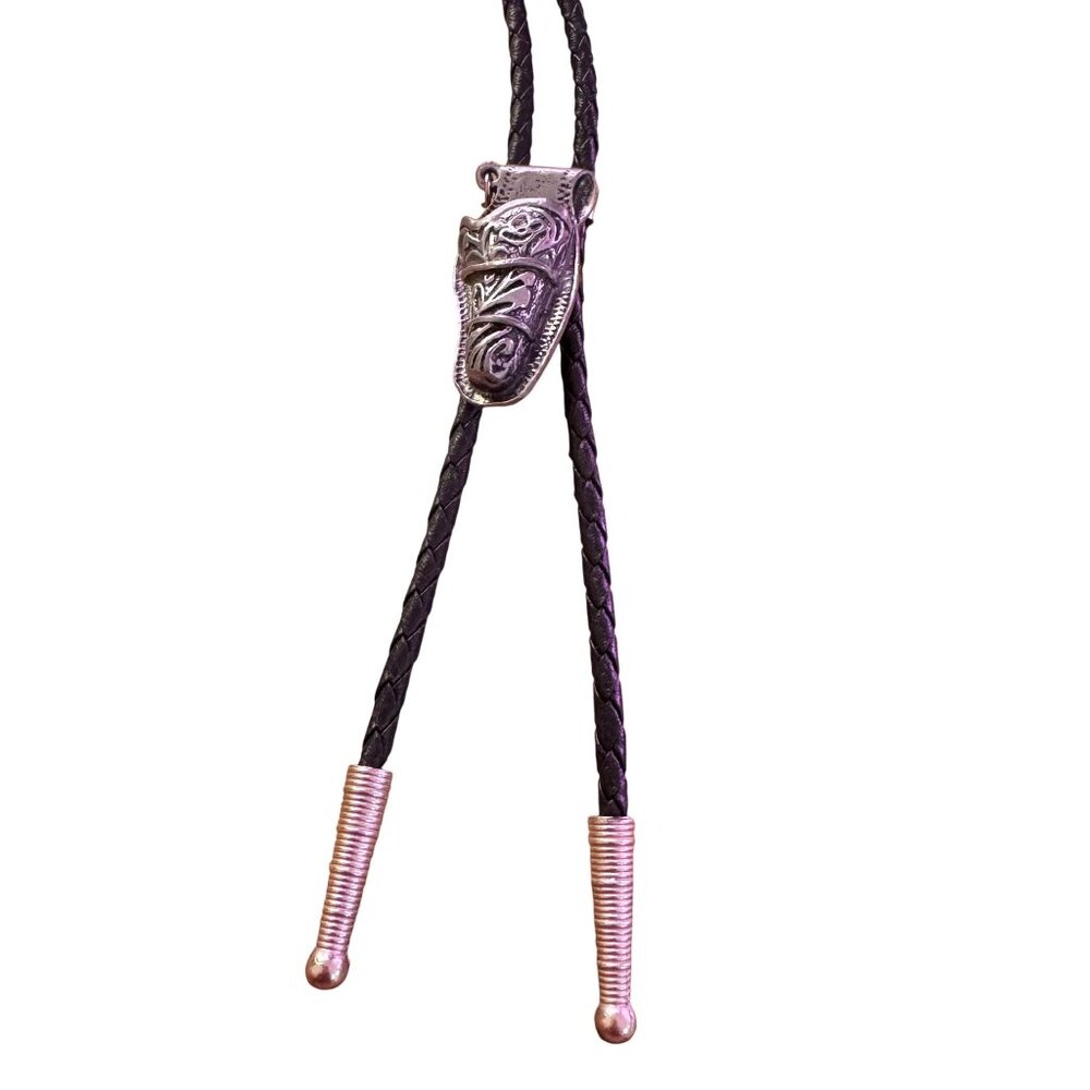 Vintage Silver Black Leather Empty Unarmed Holster Gun Control Bolo Tie - Picture 3 of 7